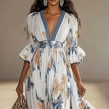 Load image into Gallery viewer, Women's Floral Print Maxi Dress With Deep V-Neck & Flare Sleeves