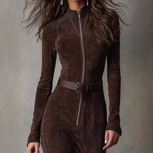 Load image into Gallery viewer, Women's Suede Velvet Zip-Front Fishtail Maxi Dress – Long Sleeve High Waist Mermaid Hem