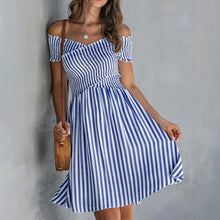 Load image into Gallery viewer, Women's Off-Shoulder Striped Waist-Cinching Midi Dress
