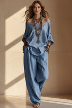Load image into Gallery viewer, Women's Oversized Batwing Sleeve V-Neck Top & Barrel Wide-Leg Pants Boho Set