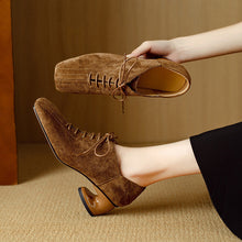 Load image into Gallery viewer, Women's Retro Sheepskin Square Toe Chunky Heel Pumps – Lace-Up Mid Heel