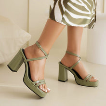 Load image into Gallery viewer, Square-Toe Buckle Strap High Heels – Elegant Thin-Strap Summer Block Heels