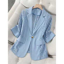 Load image into Gallery viewer, Women's Lace Patchwork Blazer | Three-Quarter Sleeve One-Button Suit Jacket in White & Black