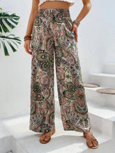Load image into Gallery viewer, Women's Paisley Print Wide-Leg Pants – Boho Smocked Elastic Waist Tie-Up Flowy Trousers