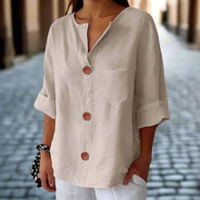 Load image into Gallery viewer, Women’s Loose V Neck T Shirt – Cotton Linen Button Top