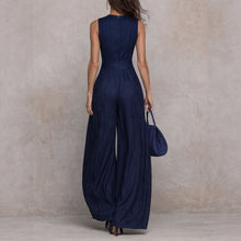Load image into Gallery viewer, Women's Navy Blue Striped Sleeveless Wide-Leg Jumpsuit — High-Waist French Style