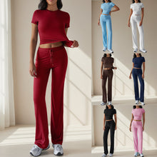 Load image into Gallery viewer, Crew Neck Short Sleeve Top & Full-Length Pants Set – Solid Color, 10 Colors