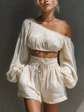Load image into Gallery viewer, Women's One-Shoulder Ruched Crop Top & High-Waist Shorts Set