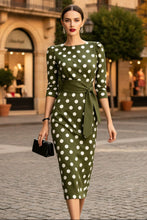 Load image into Gallery viewer, Women's Retro Polka-Dot Bodycon Midi Dress | Belted Waist Slim Fit