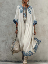 Load image into Gallery viewer, Women's Printed Batwing Sleeve Midi Dress – Loose Fit Linen Blend
