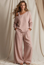 Load image into Gallery viewer, Women's One-Shoulder Buckle-Strap Long-Sleeve Linen Blend Top & Wide-Leg Palazzo Trouser Set