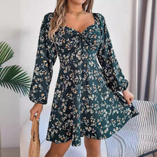 Load image into Gallery viewer, Mandotos Floral Print Lantern Sleeve Dress Red Tie Square Neck A Line Long Sleeve
