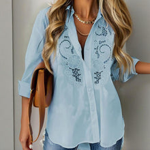 Load image into Gallery viewer, Women’s Contrast Lace Long-Sleeve Button‑Down Blouse