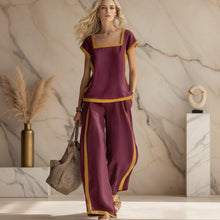 Load image into Gallery viewer, Women's Linen-Style Square Neck Cap Sleeve Top & Wide-Leg Pants Set with Contrast Trim