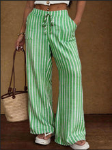 Load image into Gallery viewer, Women's Striped Wide-Leg Trousers – Lace-Up Elastic Waist Loose Fit