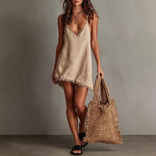 Load image into Gallery viewer, Women's V-Neck Slip Mini Dress – Fringe Trim Sleeveless Streetwear