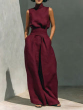 Load image into Gallery viewer, Women's Linen-Blend High-Neck Sleeveless Top & Wide-Leg Pants Set
