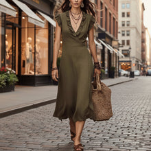 Load image into Gallery viewer, Women's V-Neck Cotton-Linen Flutter-Sleeve Ruffle-Trim Midi Dress