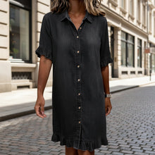 Load image into Gallery viewer, Women's Faux Denim Ruffle-Sleeve Shirt Dress