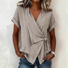 Load image into Gallery viewer, Women's Casual Lapel Collar Lace-Up Short-Sleeve Linen Top