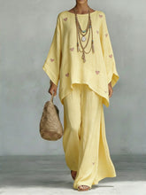 Load image into Gallery viewer, Floral Print Bamboo Linen Two-Piece Set with Wide-Leg Pants