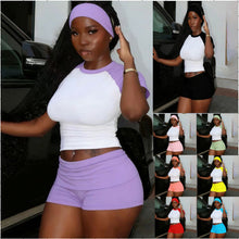 Load image into Gallery viewer, Women's Raglan Contrast Color Sportswear Set — 3-Piece T-Shirt, Shorts & Hairband