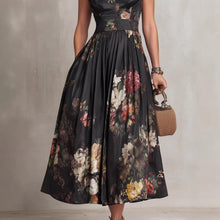 Load image into Gallery viewer, Black Digital Floral Print High-Waist Maxi Dress – Sleeveless Irregular Hem Long Dress