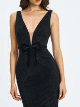 Load image into Gallery viewer, Olympia Black Belted Bow Plunging Rhinestone Maxi Dress