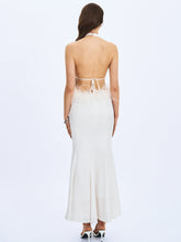 Load image into Gallery viewer, Solene Pleated Halter Backless Feather-Trim Maxi Dress
