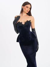 Load image into Gallery viewer, Pascha Black Lace Appliqué Strapless Peplum Midi Dress