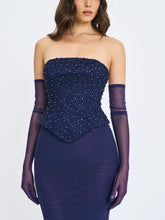 Load image into Gallery viewer, Orabelle Navy Beaded Peplum Mermaid Maxi Gown with Lace-up Back