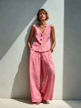 Load image into Gallery viewer, Linen Blend V-Neck Buttoned Vest & High-Waist Wide-Leg Pants Set – 5 Colors S–3XL