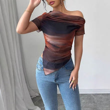 Load image into Gallery viewer, Women’s Tie-Dye One-Shoulder Mesh Ruched Top – Asymmetrical Stretch Tee for Going Out