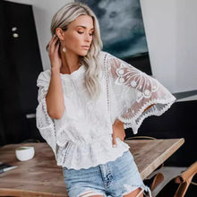 Load image into Gallery viewer, Women’s Lace Trim Top Short Sleeve Batwing Shirt