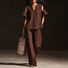 Load image into Gallery viewer, V-Neck Short Sleeve Top & Straight-Leg Pants Set – Ripped Detail, Pockets, Solid Color