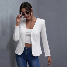 Load image into Gallery viewer, White Open-Front Cropped Blazer – Women's Plus Size Collarless Long Sleeve Jacket