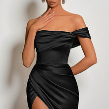 Load image into Gallery viewer, Satin Bridesmaid Dresses For Women Long With Slit Off Shoulder Mermaid Prom Dresses Corset Formal Gown