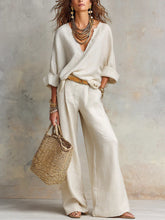 Load image into Gallery viewer, Women's Casual Linen Vacation Set – Three-Quarter Sleeve Top & Full-Length Pants
