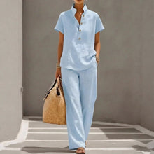 Load image into Gallery viewer, Cardigan & Short Sleeve Top + Pants Three-Piece Set – Solid Color Casual Lounge