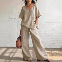 Load image into Gallery viewer, Women's Loose Cotton-Linen V-Neck Top & Wide-Leg Pants Set
