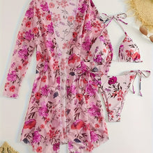 Load image into Gallery viewer, Bikini European Style Floral Print 3 Piece Swimsuit Set for Women – Sexy V Neck Bikini with Cross Strap Detail and Matching Long Sleeve Cover-Up – High Stretch Trendy Swimwear for Summer Beach Vacations Resort Looks and Poolside Fashion