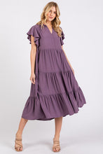 Load image into Gallery viewer, Ruffle Sleeve Collared V Neck Tiered Midi Dress For Women – Elegant and Feminine Dress with Ruffled Sleeves and Tiered Design