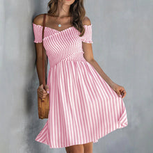 Load image into Gallery viewer, Women's Off-Shoulder Striped Waist-Cinching Midi Dress