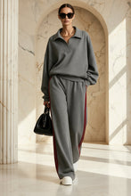 Load image into Gallery viewer, Women's Polo-Collar Oversized Sweatshirt & Side-Stripe Wide-Leg Pants Set