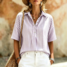 Load image into Gallery viewer, Women's Striped Short-Sleeve Shirt with Turn-Down Collar