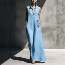 Load image into Gallery viewer, Women's Cotton Linen Mandarin Collar Maxi Dress – Graphic Print with Pockets