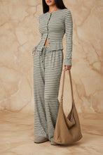 Load image into Gallery viewer, Women's Stripe Fitted Button-Front Crop Top & Drawstring Wide-Leg Pants Set