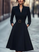 Load image into Gallery viewer, V-Neck Long Sleeve Swing Dress – Women's Autumn Winter Midi Dress