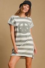 Load image into Gallery viewer, Peace Applique Striped Short Sleeve Mini Dress – Fun Peace Sign Applique, Chic Stripes, and High-Low Hem for Stylish Comfort