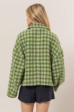 Load image into Gallery viewer, Cute Green Tweed Plaid Button Up Collared Neck Jacket Classic & Elegant Layering Piece Everyday Jacket